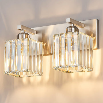 Modern Vanity Light 2-Lights Brushed Nickel Vanity Light Crystal Bathroom Wall Light Bathroom Light Fixtures