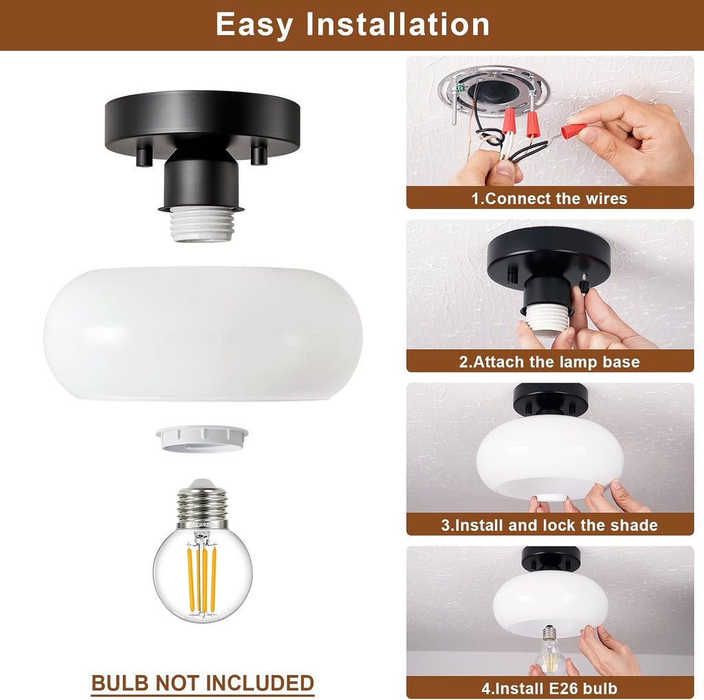 Mid-Century Modern Black Semi Flush Ceiling Light 8.66 Inch | Mini White Glass Shade Close to Ceiling Lighting