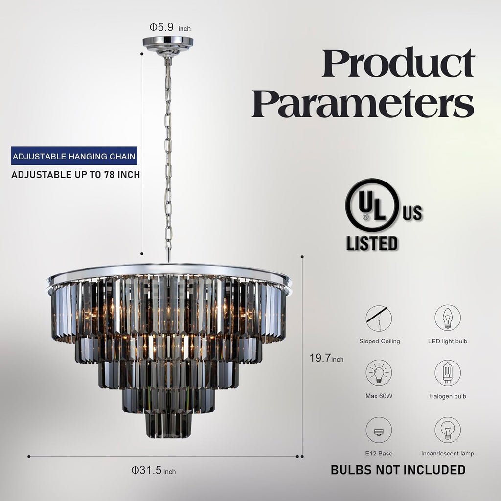 Inspired Odeon Style 16-Light Chrome Smoke Crystal 5-Tier Modern Chandelier W31.5"