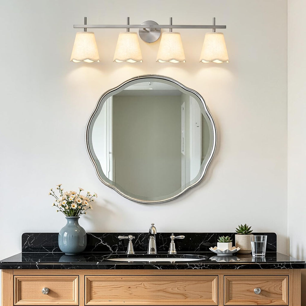 4-Light Bathroom Light Fixtures, Brushed Nickel Vanity Light,Modern Vanity Lights with Scalloped Linen Fabric Shade