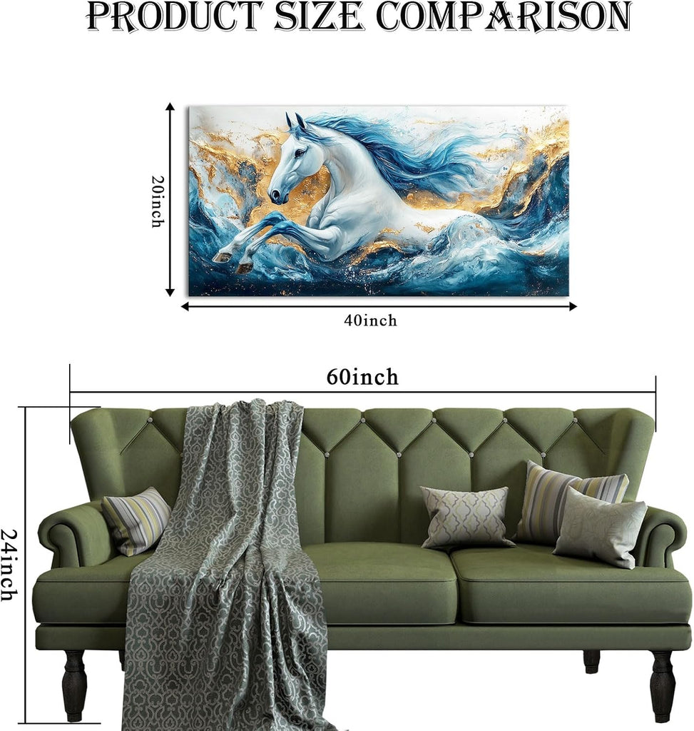 Abstract Horse Wall Art Modern Blue and Gold Sea Wave Animal Picture Wall Decor Canvas Prints Ocean Horse Painting