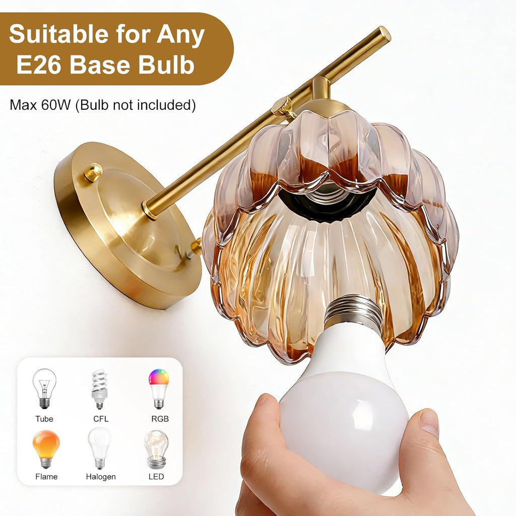 Vintage Gold Wall Sconces Set of 2 with Cute Amber Tulip Glass Lampshade, Hardwired and Wireless Wall Mounted Light