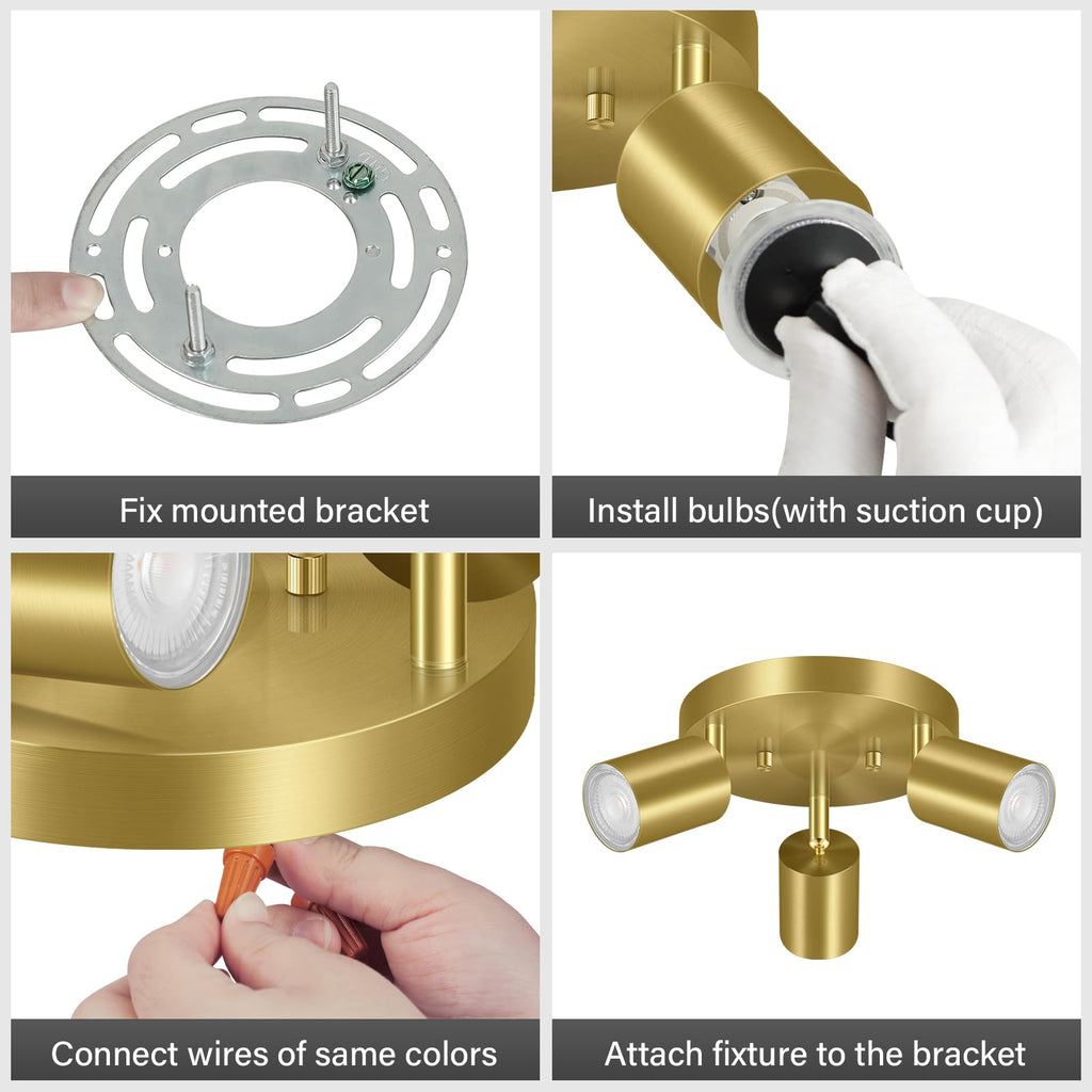 3 Light Track Lighting Fixtures Ceiling, Gold Round Directional Ceiling Spotlight, GU10 Flush Mount Track Fixture