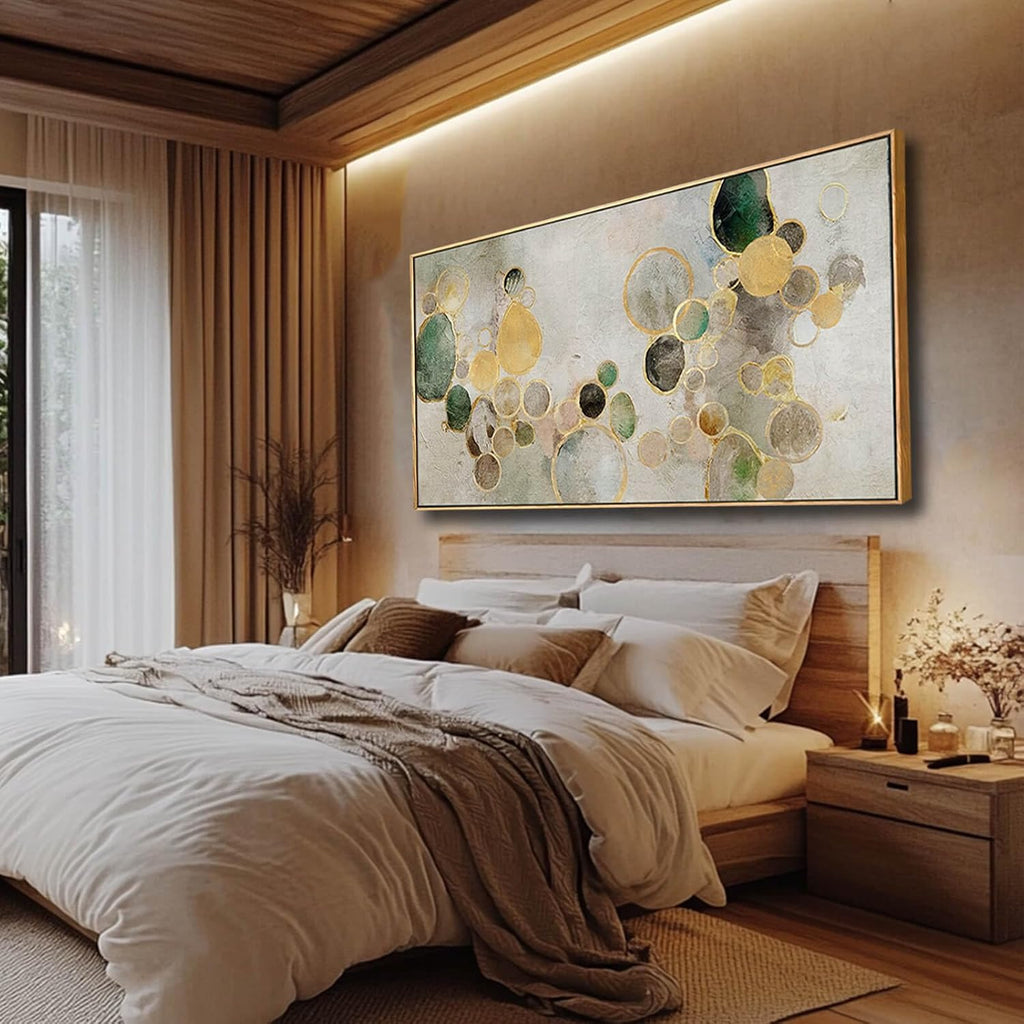 Abstract Canvas Wall Art Gold Circle Painting Green Artwork Framed Wall Prints Office Wall Decor Colorful