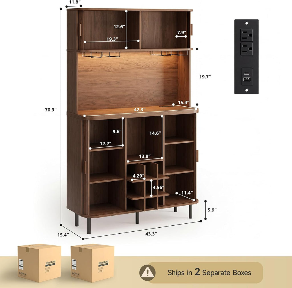 71" Tall Fluted Wine Bar Cabinet with Storage Walnut
