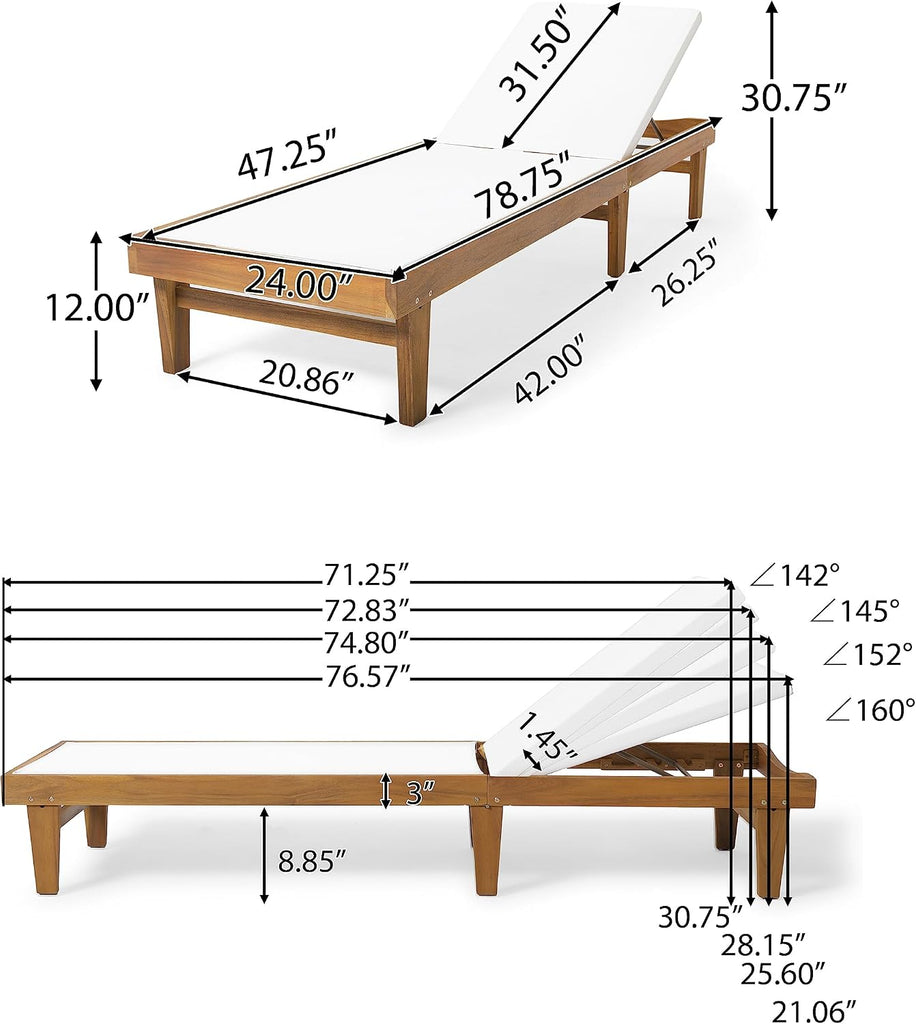 Outdoor Mesh Chaise Lounge with Acacia Wood Frame, Teak Finish / White Mesh