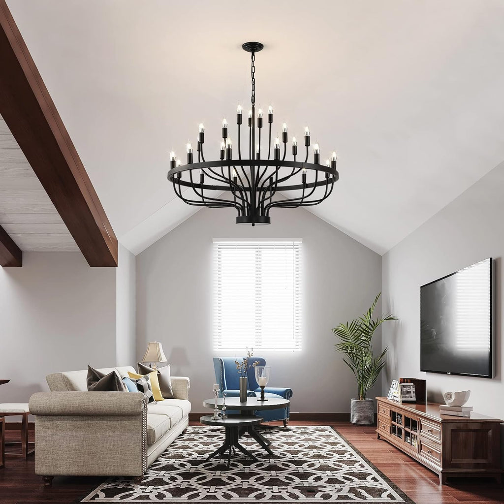 Black Chandelier 24 Light, Modern Farmhouse Chandelier for Dining Room, Round Industrial Candle Chandeliers Light, Wagon Wheel Chandelier 39in 3-Tier for Hallway, Living Room, Foyer, Island Lights