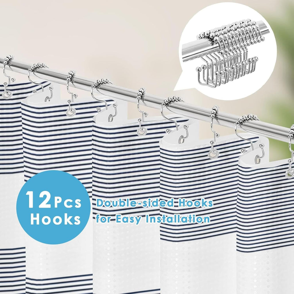 Scalloped Shower Curtain with PEVA Liner Set, Striped Navy Geometric Modern 3 in 1 Heavy Duty Waffle Weave Waterproof