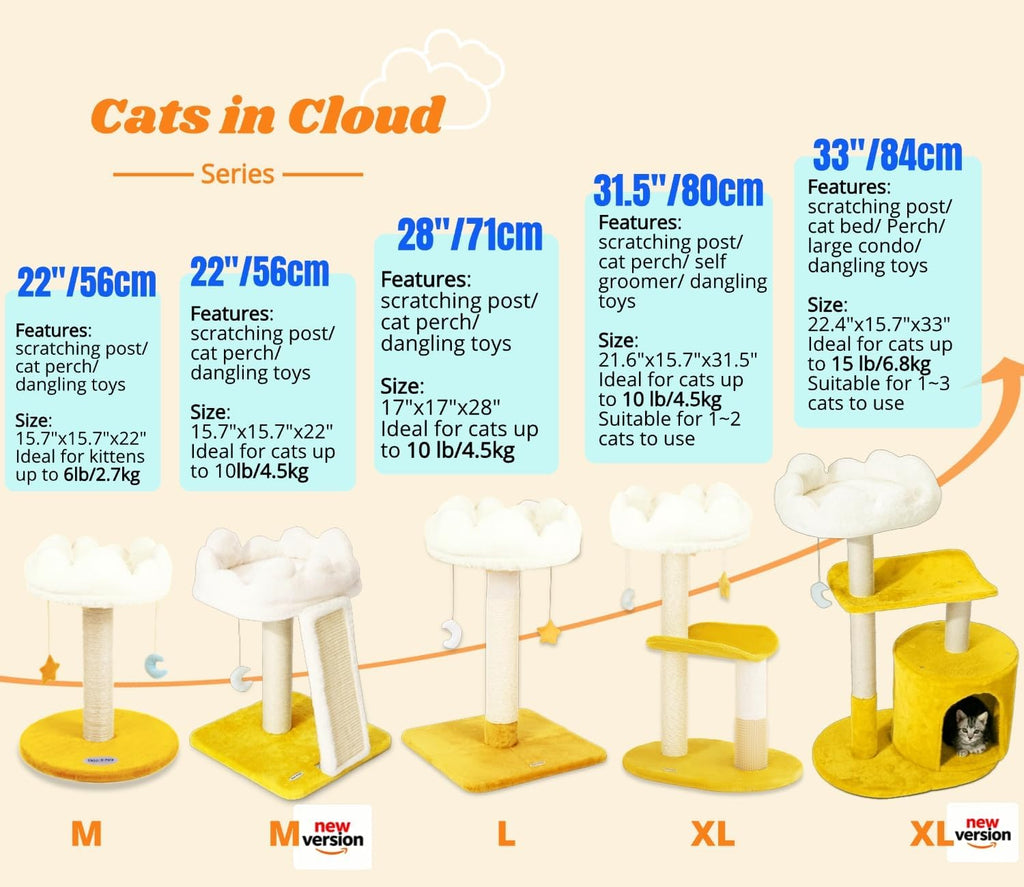 Cat Tree, Cloud Cat Tower with Soft Bed, Cat Scratching Post & Pad with Larger Perch for Window Viewing