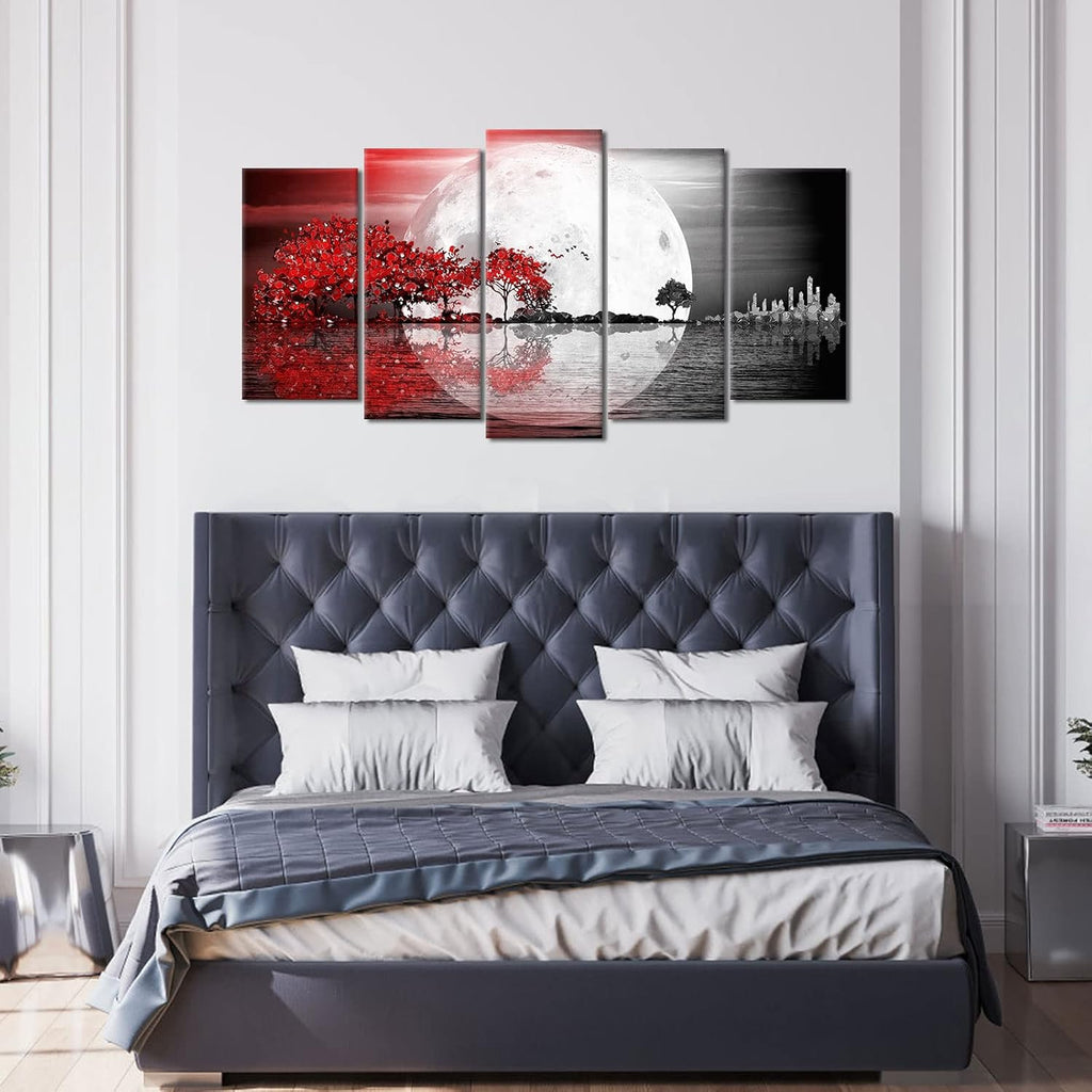 Large 5 Pieces Abstract Landscape Canvas Wall Art Black and White Full Moon Seascape Red Trees Painting Pritned on