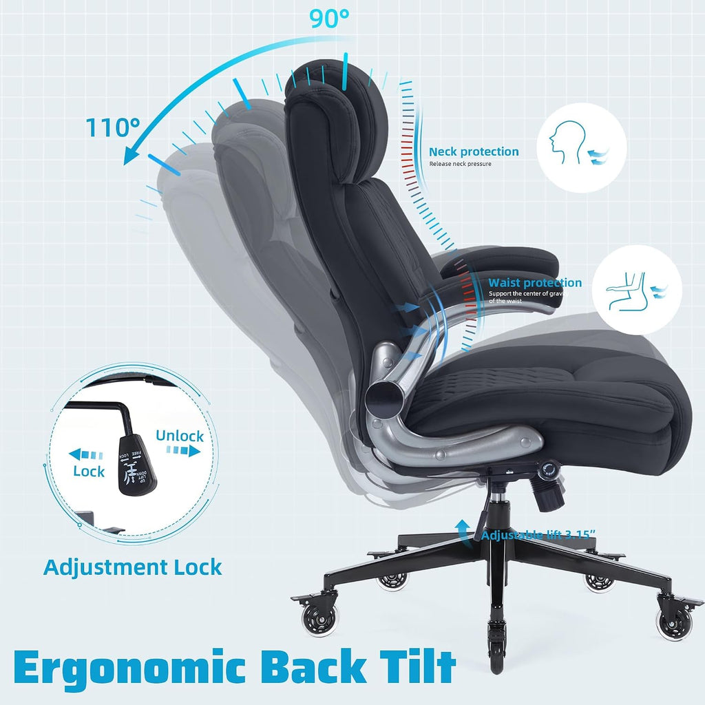 Large High Back with Flip Arms- Executive Desk Chair with Locking Wheels, Adjustable Lumbar Support, Ergonomic