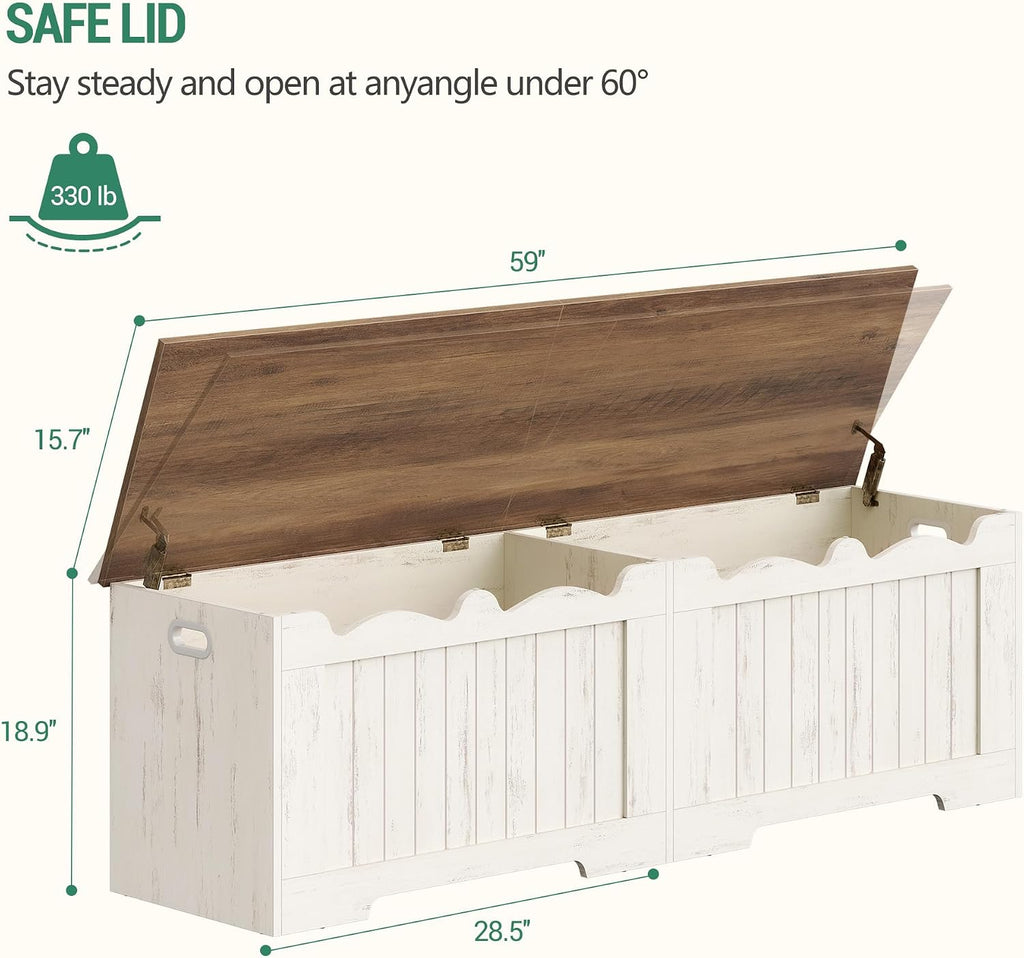 59" Lift Top Storage Bench, 268L/70Gal FSC Wood Chest | | Retro White | 330lb Seating | Double Hinges | Bedroom