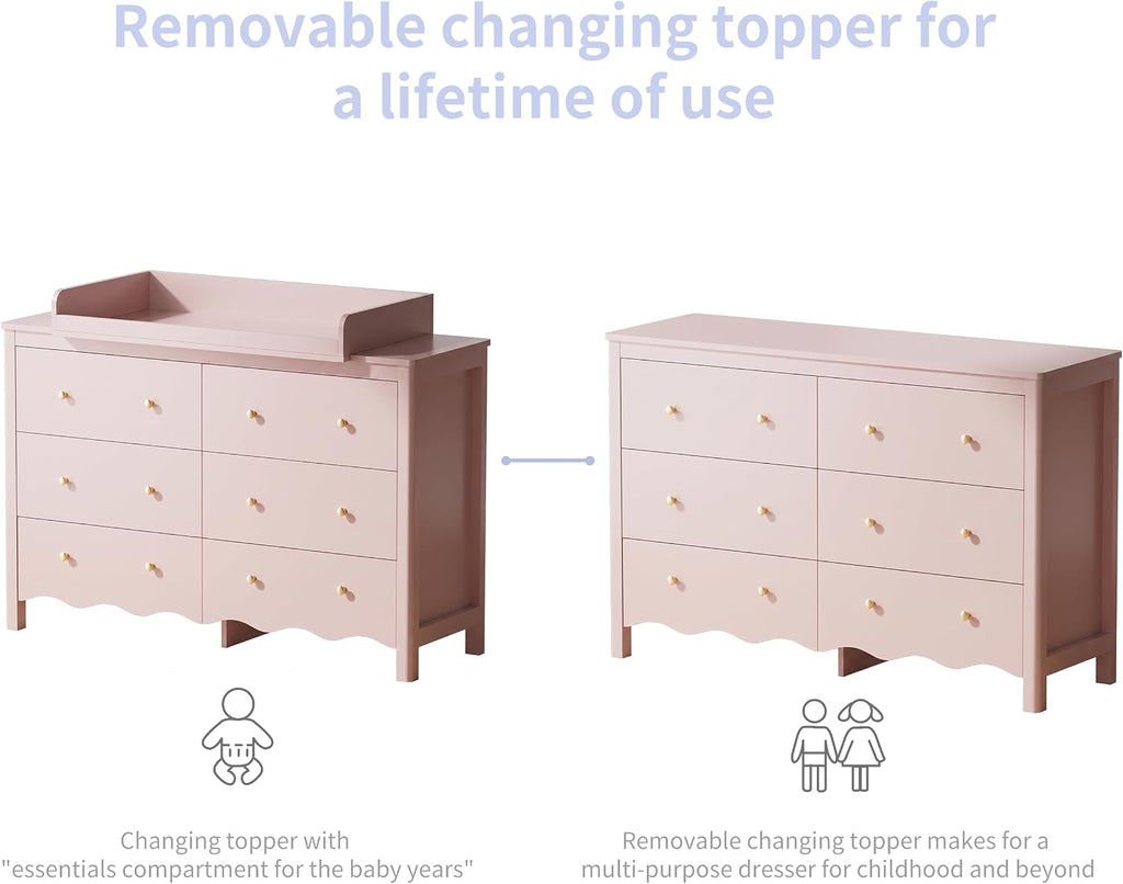 Baby Changing Table (Pink) | Wooden Dresser Kids Dresser with 6 Drawer Dresser Baby Dresser Organizer Diaper Station