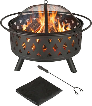 Fire Pit - 32-Inch Outdoor Wood Burning Firepit with Screen, Poker, and Cover - Outdoor Fire Pits