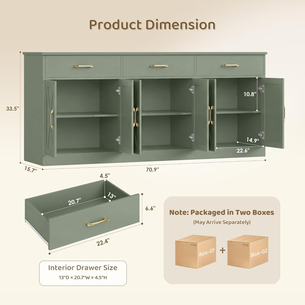 71" Large Sideboard Buffet Cabinet with Storage, Farmhouse Coffee Bar Cabinet with 3 Drawers