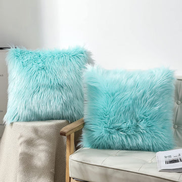 Fluffy Decorative Throw Pillow Covers 20x20, Faux Fur Farmhouse Luxury Pillow Cases, Soft Plush Fuzzy Light Turquoise