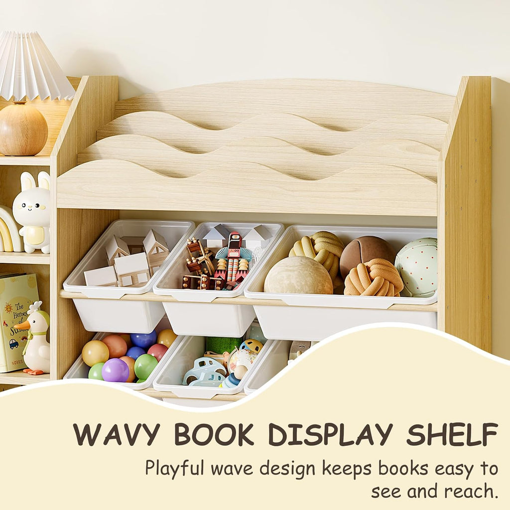 Toy Storage Organizer, Scalloped Bookshelf, 4 Toy Shelves, 9 Bins | Scalloped top book display, 4-tier side shelves