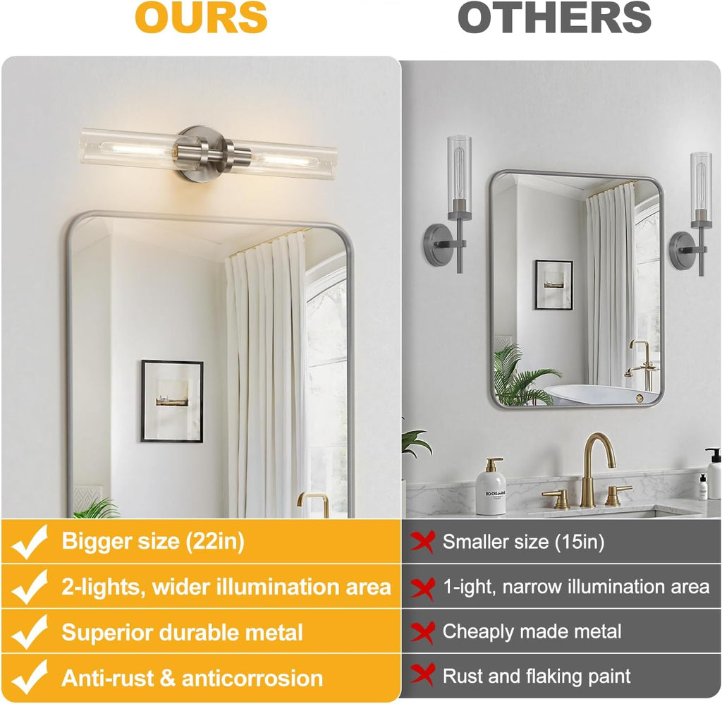 Brushed Nickel Wall Sconces, Hardwired Bathroom Sconces Vanity Light with Clear Glass, Modern Bathroom Vanity Lights