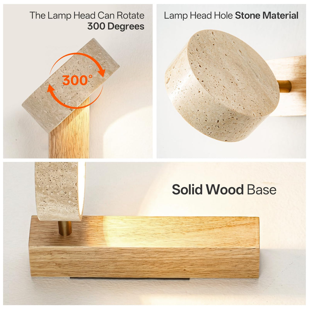 Natural Travertine Wall Sconce, Solid Wood Japandi LED Vanity Light, 1-Pack