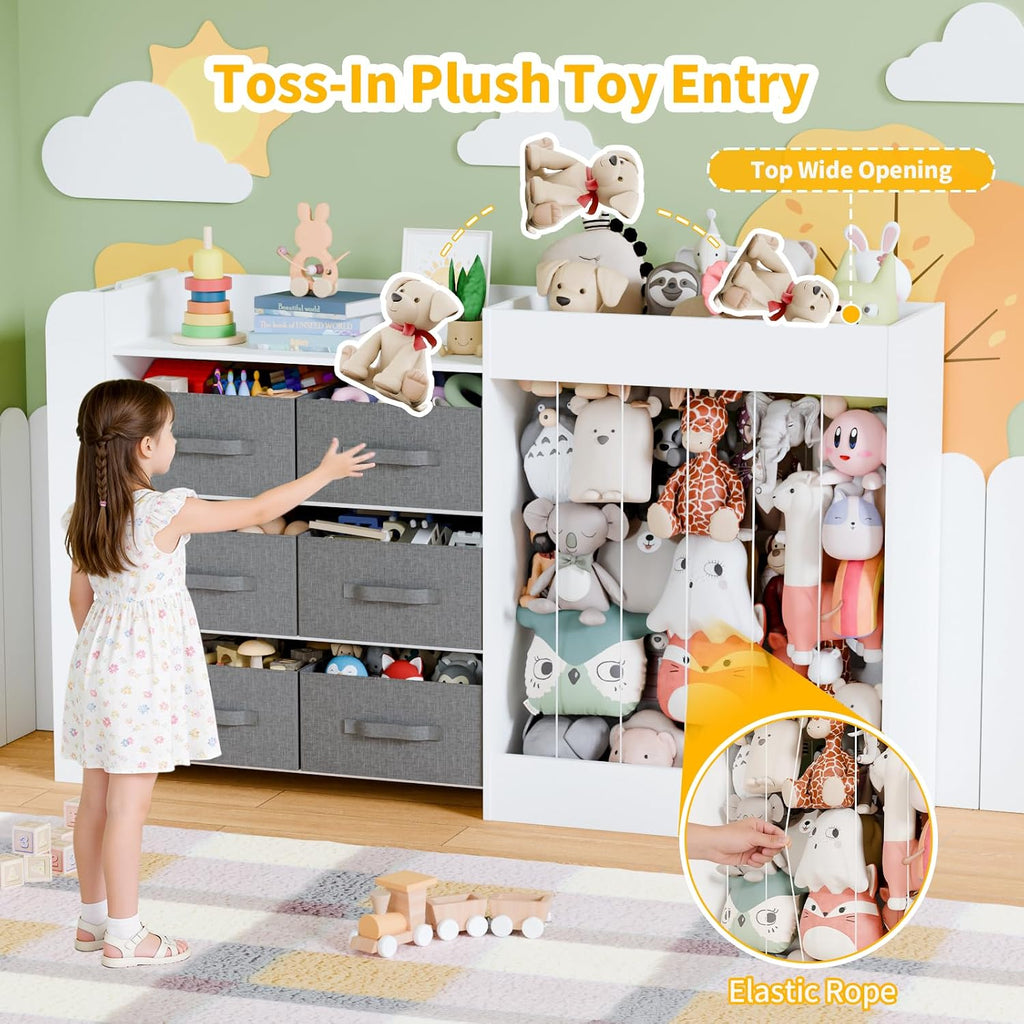 61"W Toy Storage Organizer with 6 Storage Bins, 3-Tier Kids Bookcase & 211L Stuffed Animal Holder, 3-in-1 Plush Toy