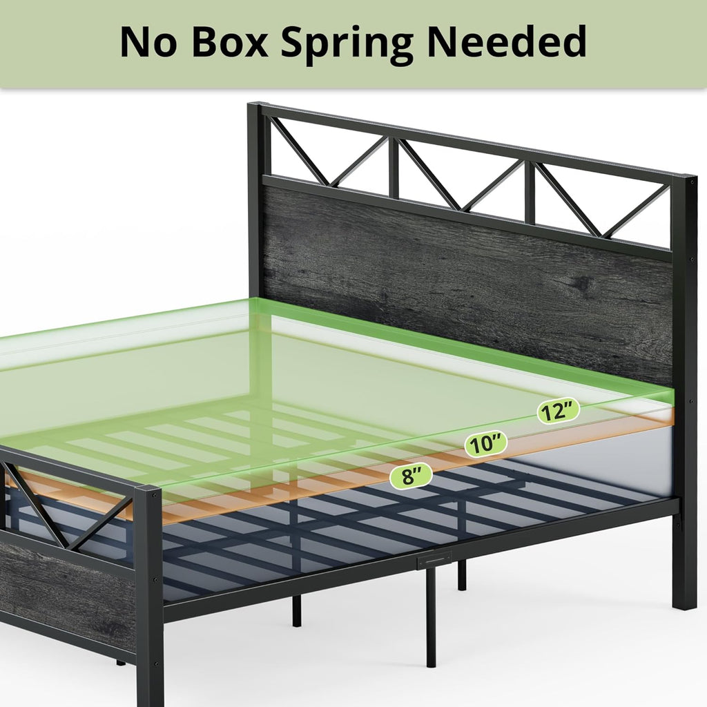 King Bed Frame, Tall Industrial Headboard 51.2 ", Platform Bed Frame with Strong Metal Support, Solid and Stable