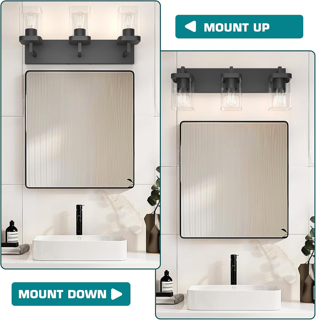 Bathroom Lighting Fixtures Over Mirror, Square Design & Rectangle Large Backplate, 3 Lights Morden Vanity Lighting