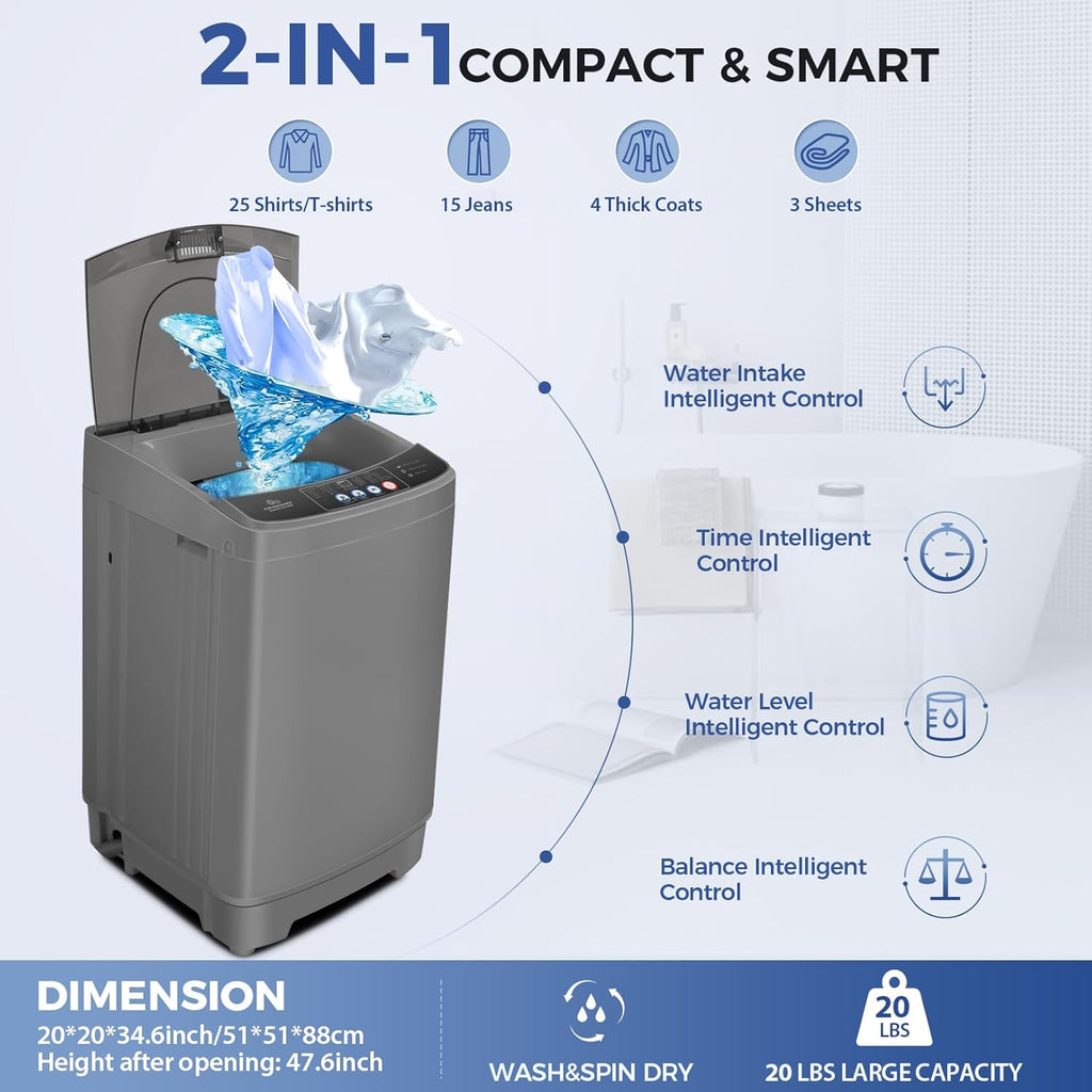 Portable Washing Machine, 20Lbs Capacity Full-Automatic Portable Washer Machine, 2.8Cu.ft Washer and Dryer Combo with Drain Pump, 10 Programs & 8 Water Levels for Apartment, Dorms, RV
