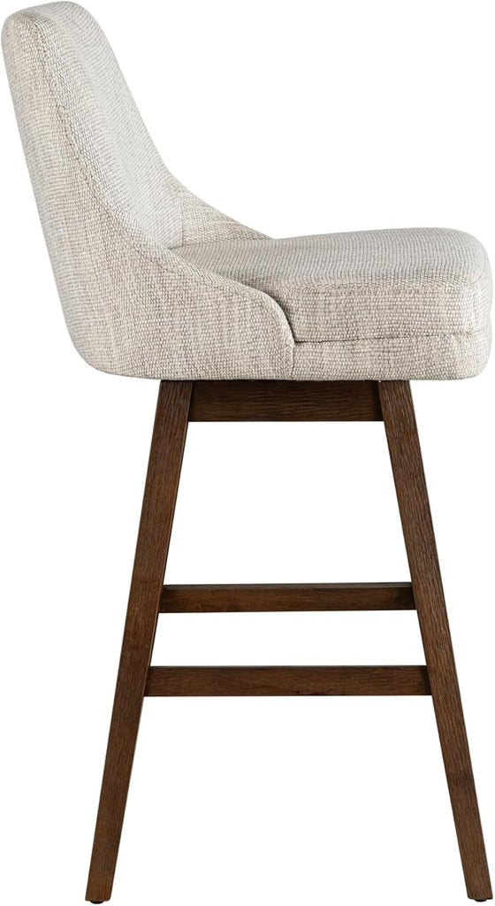 Branson Brown Solid Wood Upholstered 30" Bar Height Swivel Barstool with Beige Fabric Seat - Set of 2