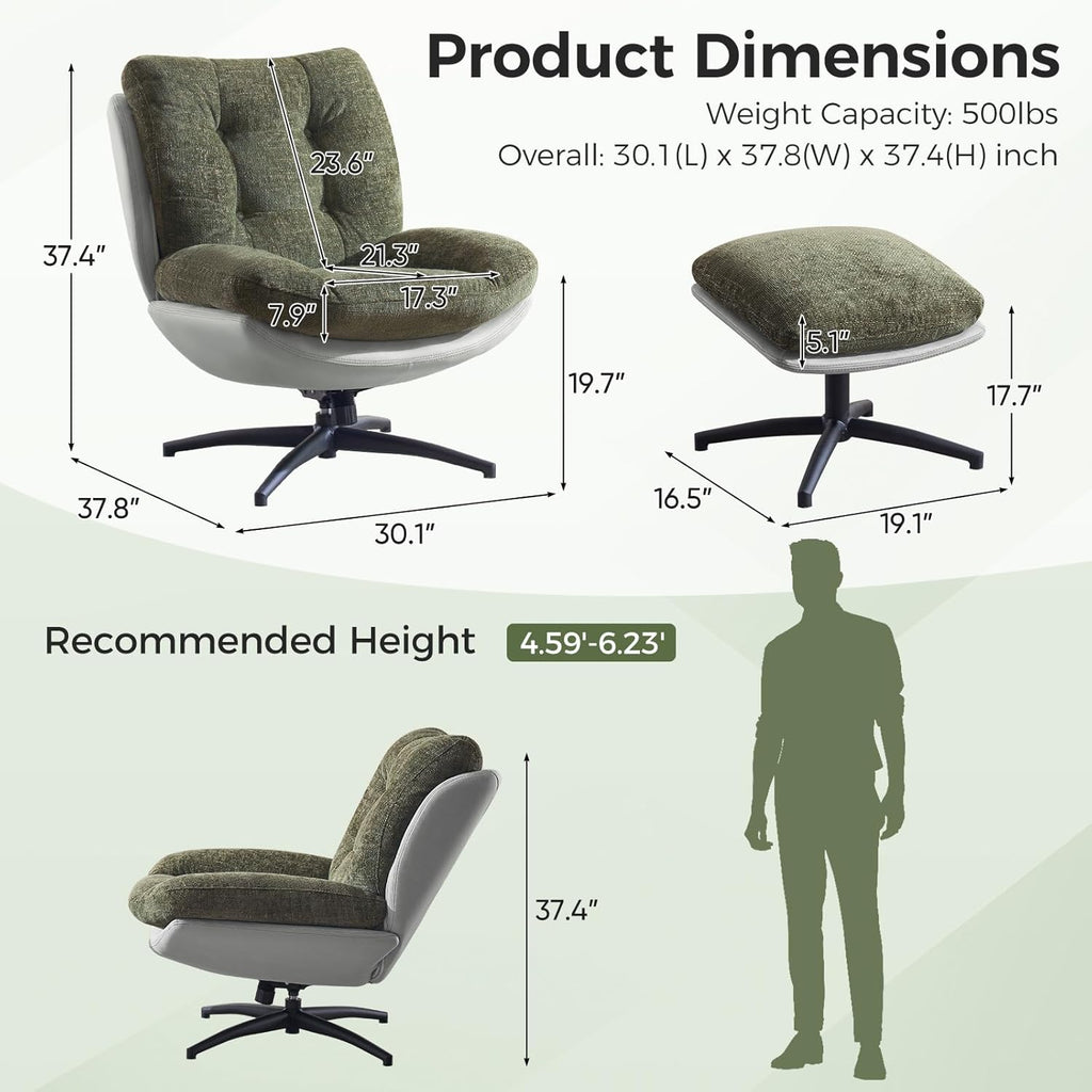 Modern Reclining Swivel Lounge Chair and Ottoman — Green Chenille