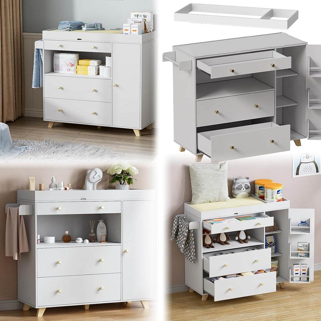 Baby Changing Table, Modern Diaper Changing Station, Changing Table with 2 Drawers & Shelves White