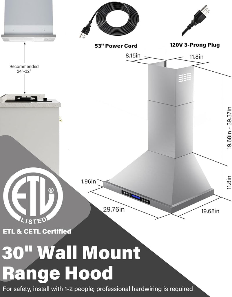 30 Inch Stainless Steel Wall Mount Range Hood 900 CFM Ultra-Quiet 4 Speed Touch & Remote Control, LED Lights Convertible Ducted/Ductless