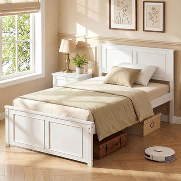 Wood Twin Bed Frames with Headboard, Farmhouse Solid Platform Bed w/Wooden Slat Support Mattress Foundation