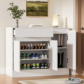 39.4" W Shoe Storage Cabinet with 3 Doors & Drawer, White