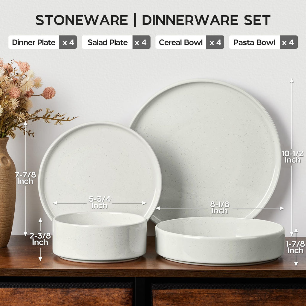 Stoneware Dinnerware Sets for 4 with Pasta Bowl, 16 Piece Plates and Bowls Dish Set, Speckled Kitchen Dishware Dining