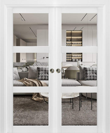 Sliding French Double Pocket Doors 72 x 96 inches Clear Glass 3 Lites| Lucia 2555 Matte White | Kit 