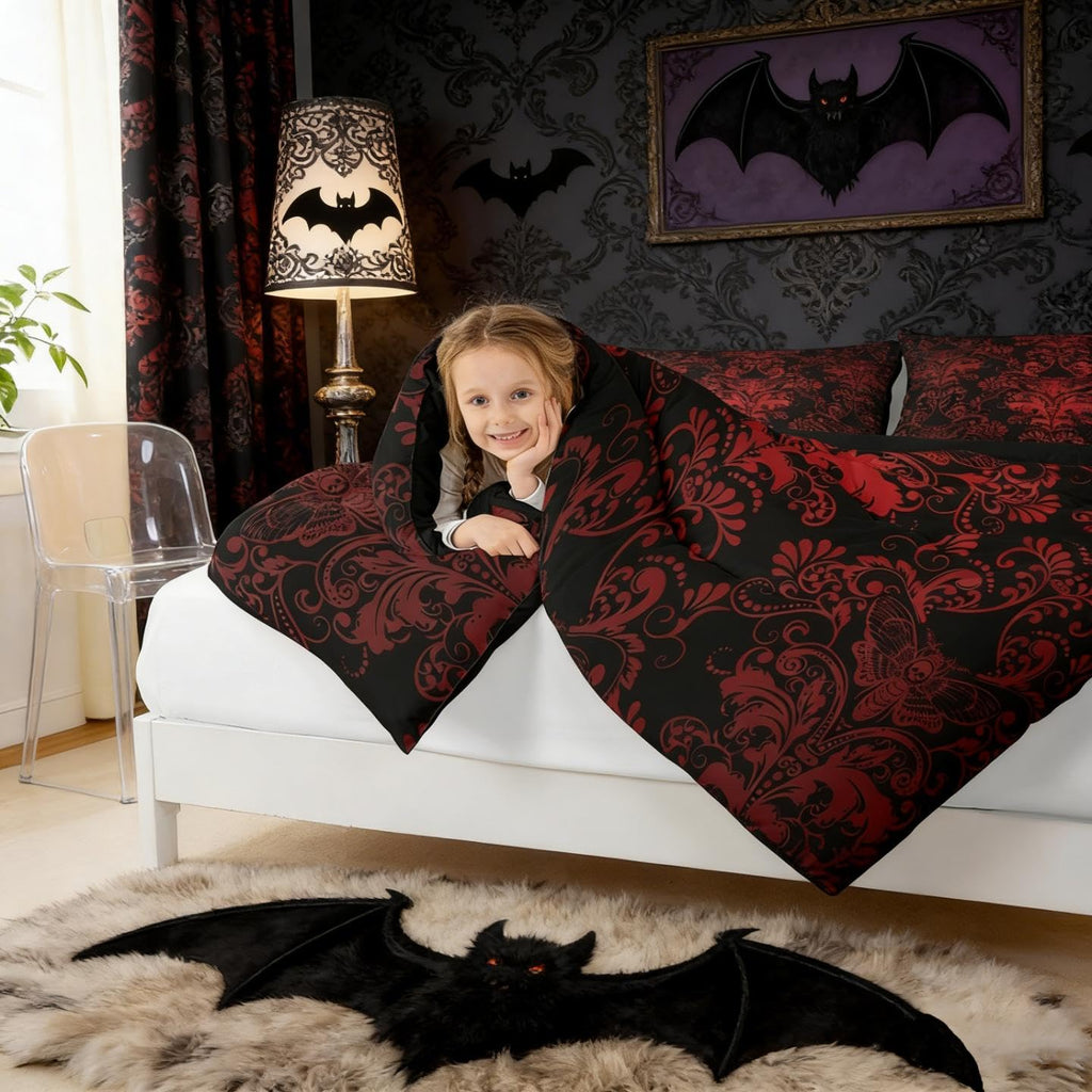 Gothic Damask Bed in a Bag Queen Comforter Set 7 Piece, Exotic Moth Bedding Sets Red Black Victorian Floral Goth Sheet