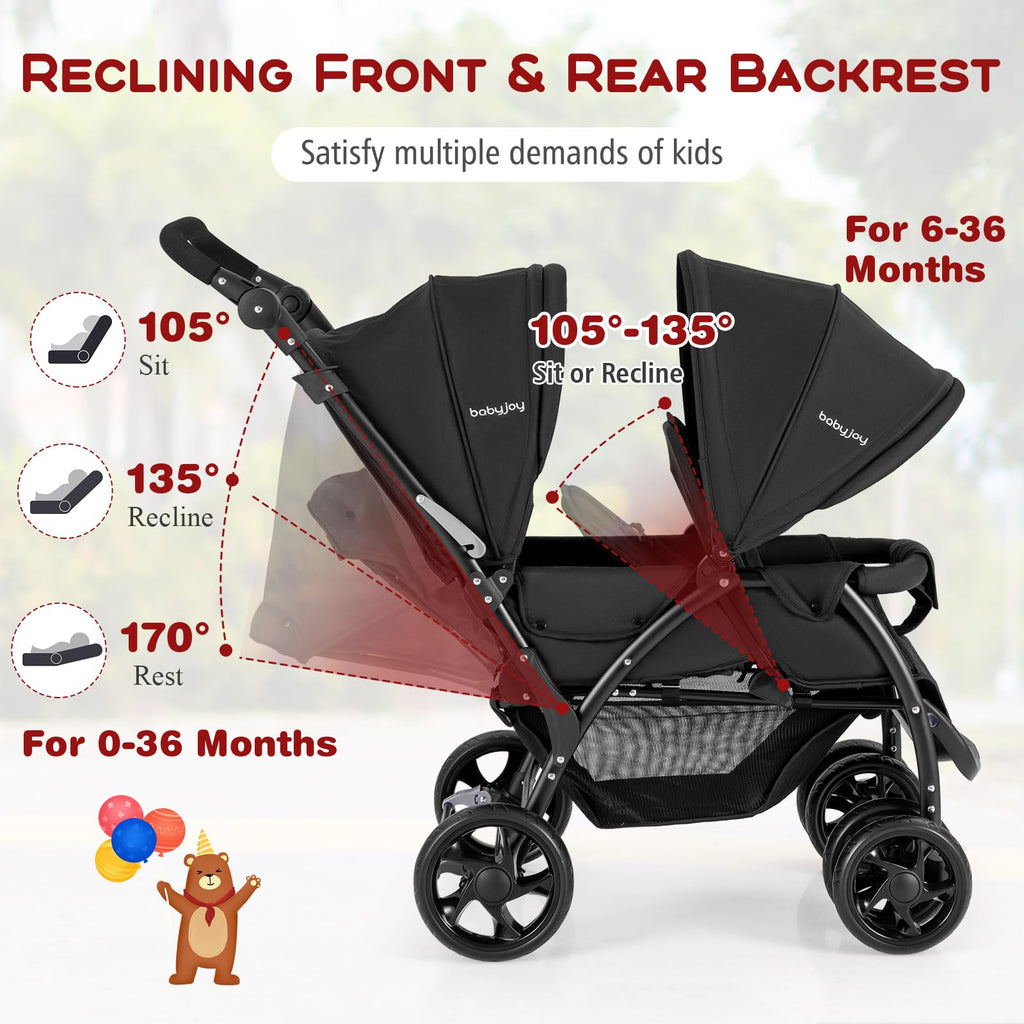 Double Stroller, Foldable Lightweight Infant Twin with Tandem Seating, 5-Point Harness, Recline Seat, Storage Basket