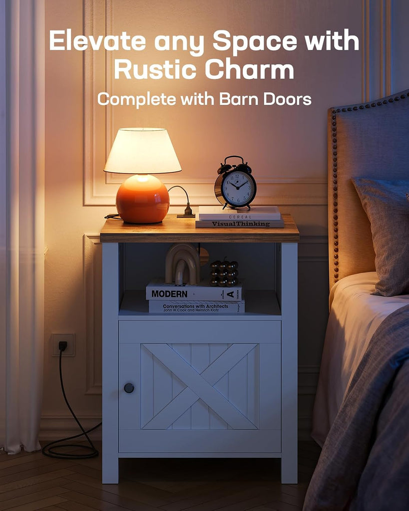 Farmhouse Nightstand Set of 2, Wood Bedside Table with Charging Station, Night Stand with Shelf and Doors, End Table