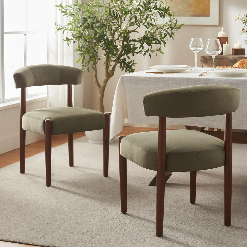 Wooden Dining Chairs Set of 2, Modern Upholstered Dining Room Chairs with Walnut Wood Legs and Curved Backrest