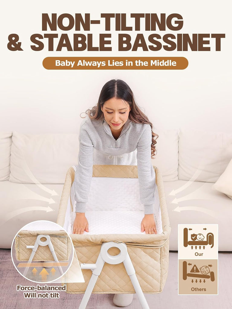 Bassinet Bedside Sleeper, Baby Bassinet with Crib Sheet and Wheels | 4 Adjustable Height Bedside Crib with Comfy