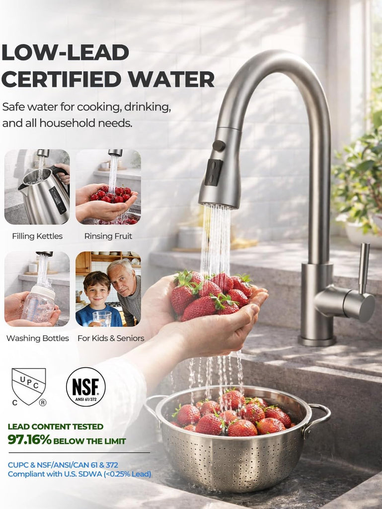 Kitchen Faucets with Pull Down Sprayer, Leak-Proof Stainless Steel Lead-Free Single Handle 1 Hole for Family Kitchen