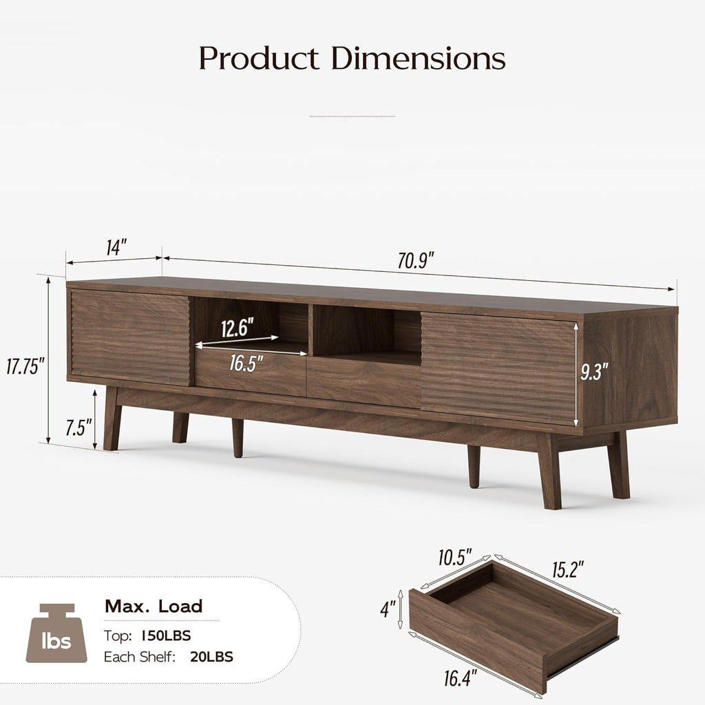 70" Mid Century Modern TV Stand for TVs up to 75 Inch, Low Profile Entertainment Center with Fluted Sliding Doors & Storage Drawers, Wood TV Console Table for Living Room, Walnut