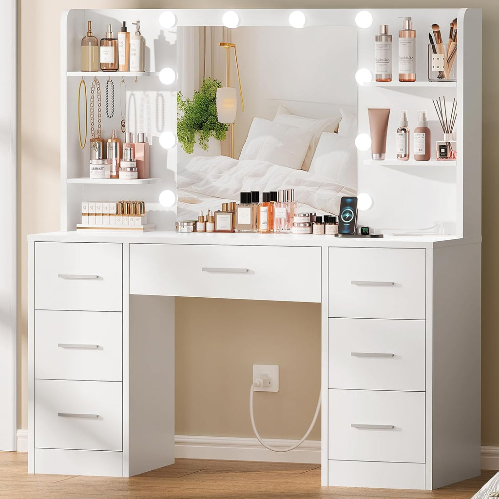 Large Vanity Desk with LED Lighted Mirror & Power Outlet,Makeup Vanity Table with 7 Drawers,4 Shelves and 5