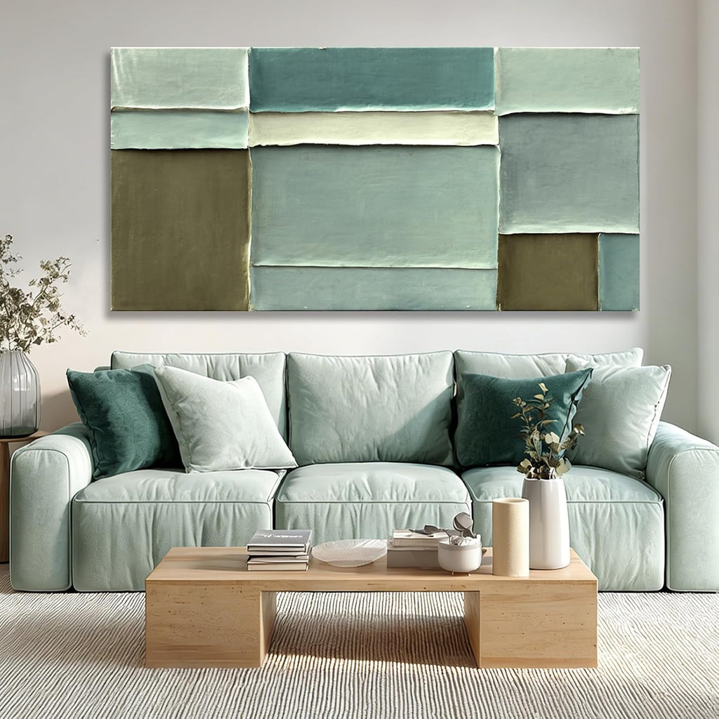 Modern Abstract Green Canvas Wall Art Soft Neutral Color Hand Painting Block Design Minimalist Artwork Bedroom Office