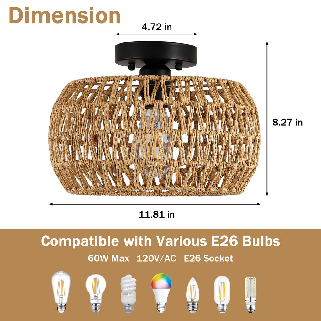 12" Boho Ceiling Light Fixture, Rattan Flush Mount Ceiling Light, Small Rustic Hand Woven Chandelier for Farmhouse