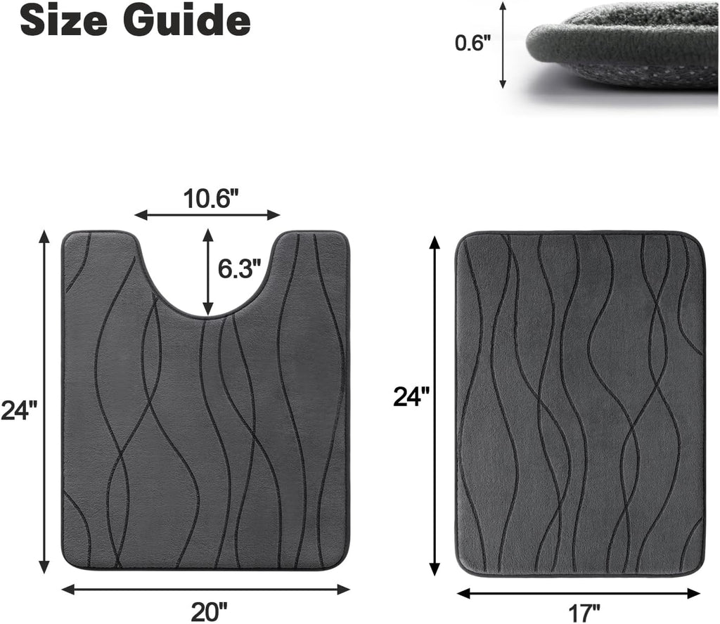 Bathroom Rugs Set 2 Piece, Memory Foam Bath Mat Dark Grey | U Shaped+Small Mat, Ultra Soft, Absorbent, Non-Slip