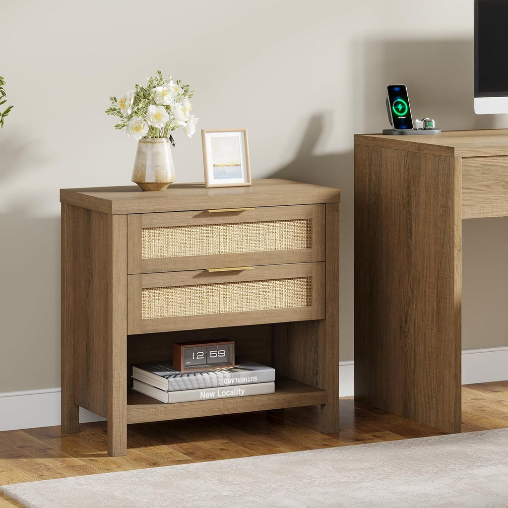 Rattan Nightstands Set of 2, Farmhouse Bedside Table with 2 Drawers and Storage Shelf, Rattan Boho Accent Night