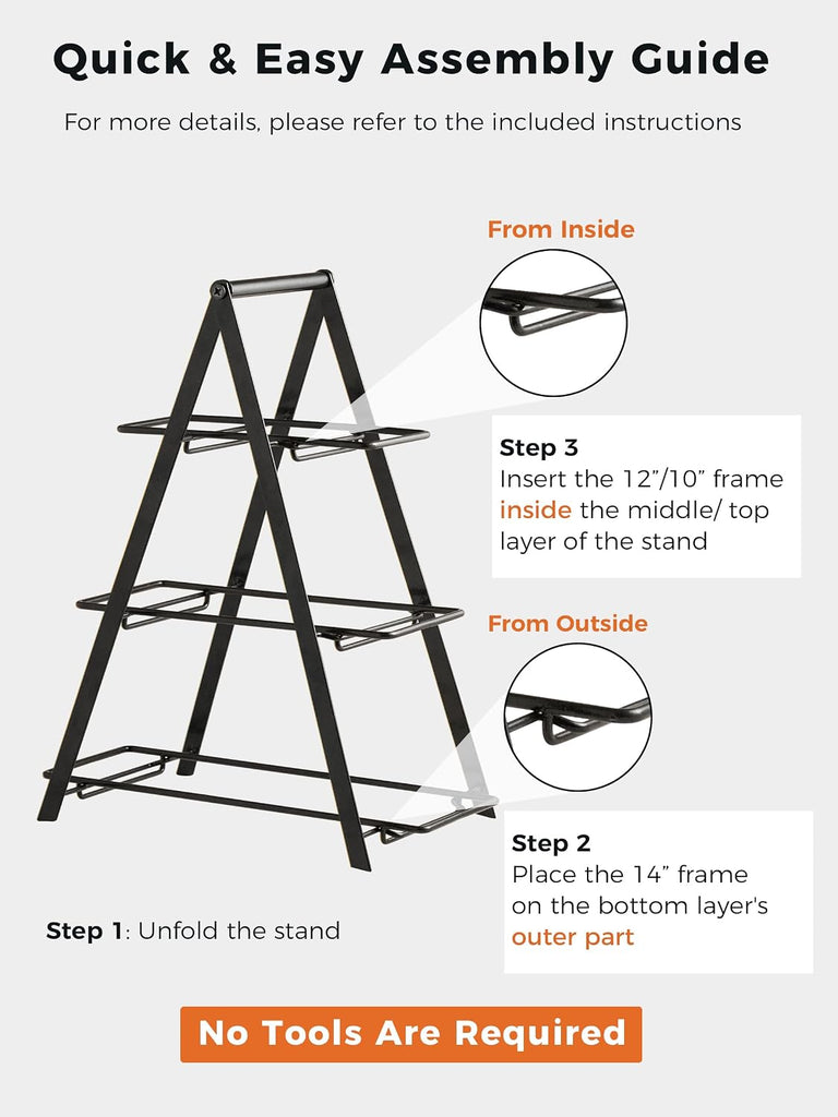 3 Tier Serving Tray Tiered Tray Stand, 10+12+14 Inch, Black | Ceramic Serving Platters and Trays with Metal Rack