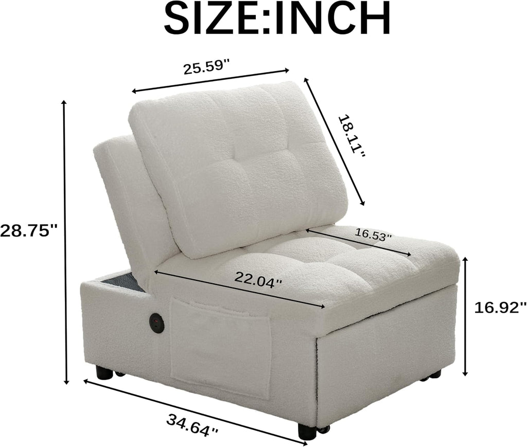 Convertible Sleeper Chair Bed with USB Charging Port, Adjustable Teddy Fabric Sofa Chair Bed with Side Storage