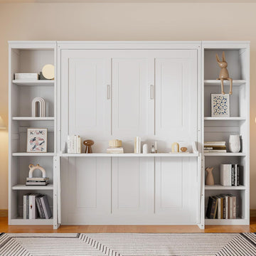 Queen Murphy Bed with Desk and Storage Shelves,Pine Wood Vertical Murphy Wall Bed Cabinet with Storage Bookcase